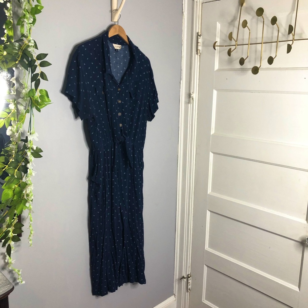 Blue patterned jumpsuit with waist tie